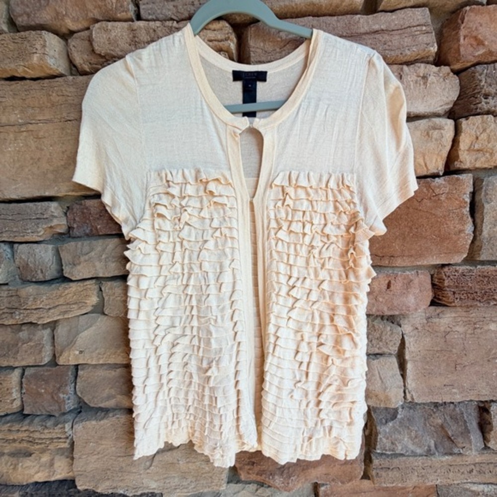 J.Crew Women M Ruffle Short Sleeve Rayon‎ Knit Cardigan Coquette Romantic Career